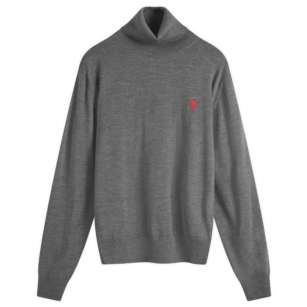 AMI Paris Men's Small A Heart Roll Neck Knit Heather Grey